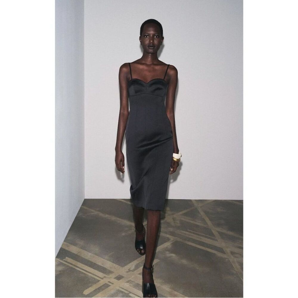 Zara ZW Womens Midi Dress Satin Medium Black Sleeveless Sweetheart 9479/079 NWT